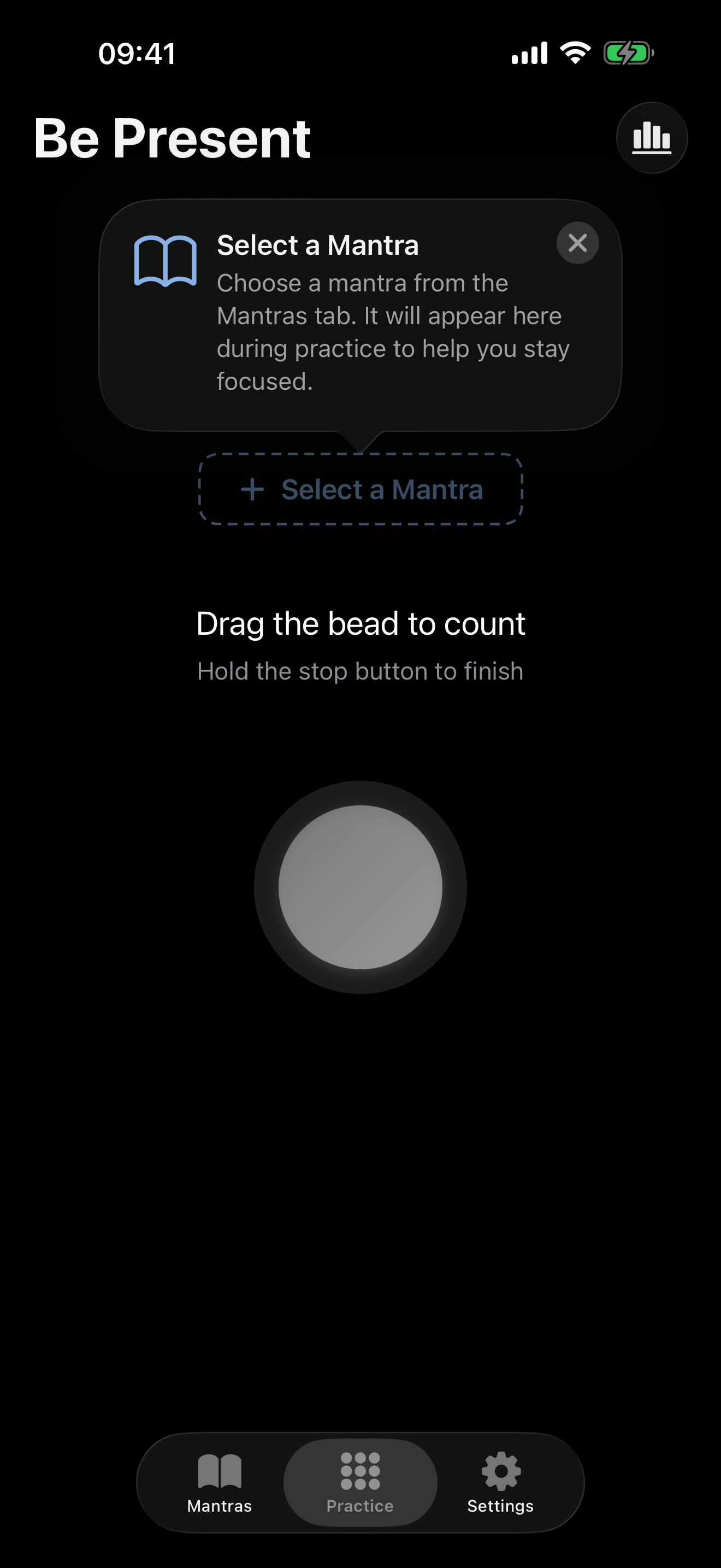 MantraMitra app – Practice screen